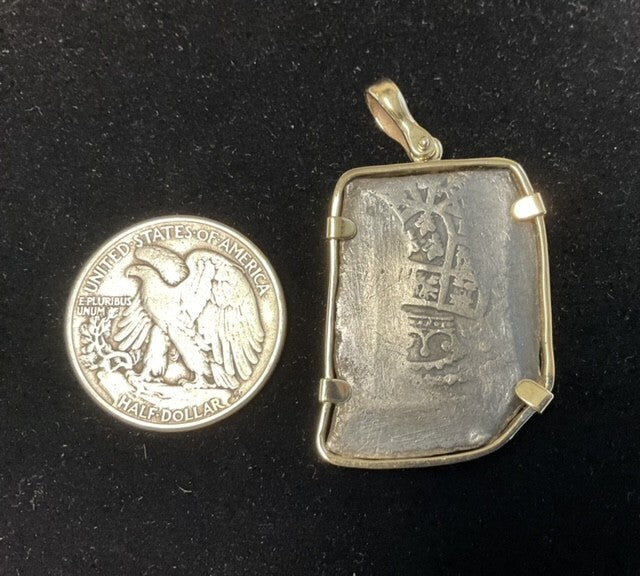 Authentic Spanish Silver Cob Pendant with Custom 14K Shackle Bail & Bezel