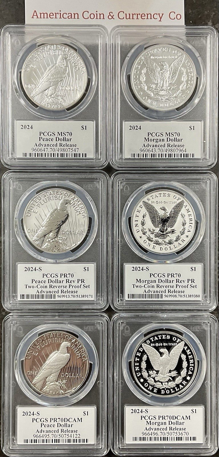 2024 Morgan & Peace Dollar 6-Coin Set PCGS PR70 Advanced Release Damstra Signed