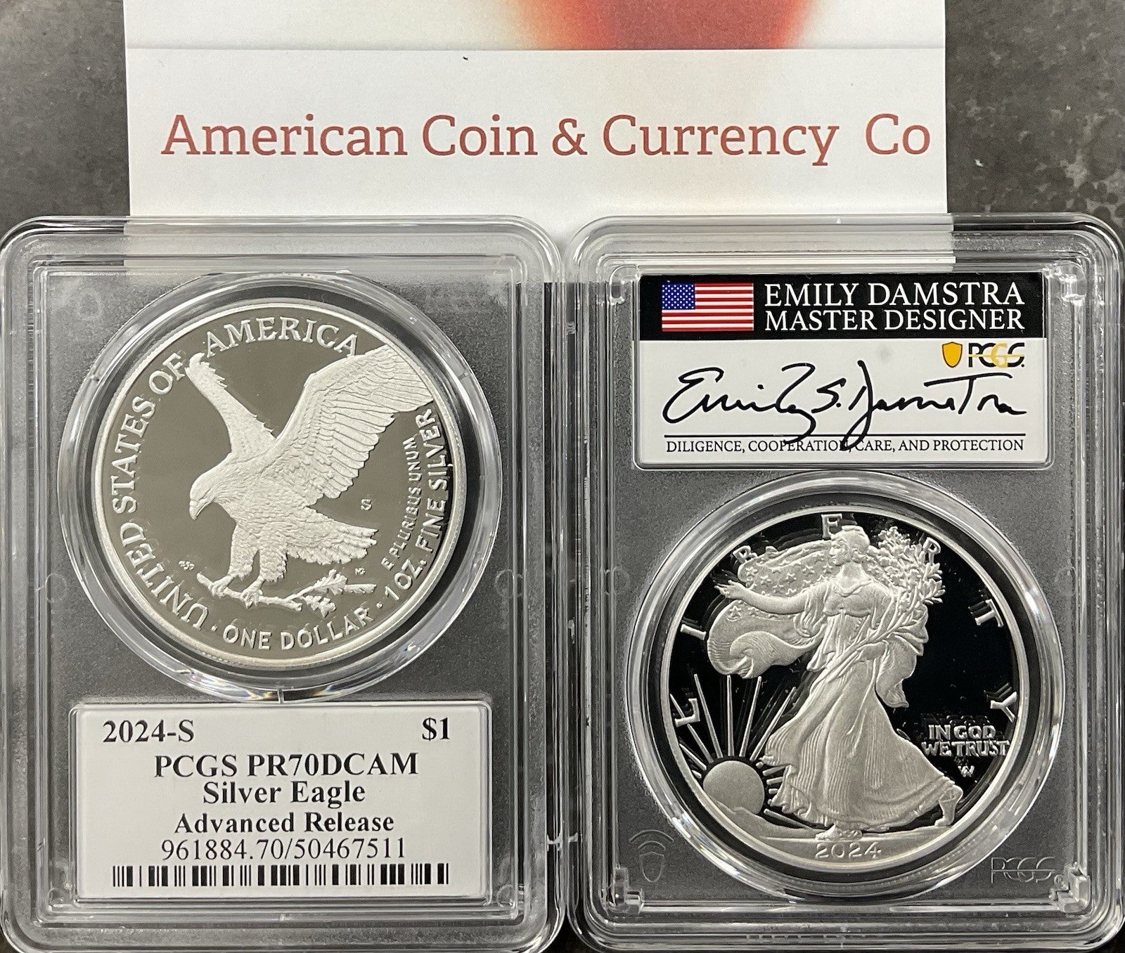 2024-S Silver Eagle PCGS PR70 DCAM Advanced Release Damstra Signed
