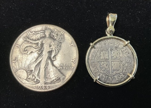 Authentic 1739 Spanish Silver 1 Reale Pendant with 14K Bail & Bezel
