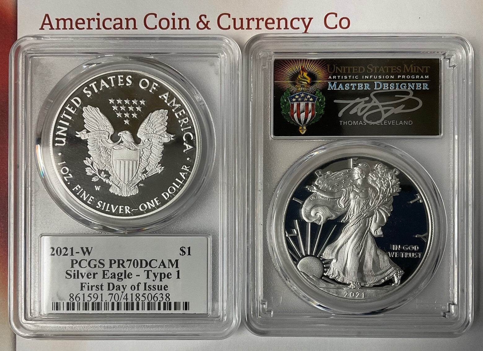 2021- W $1 American Silver Eagle PCGS PR70DCAM Type 1 FDI Cleveland Signed