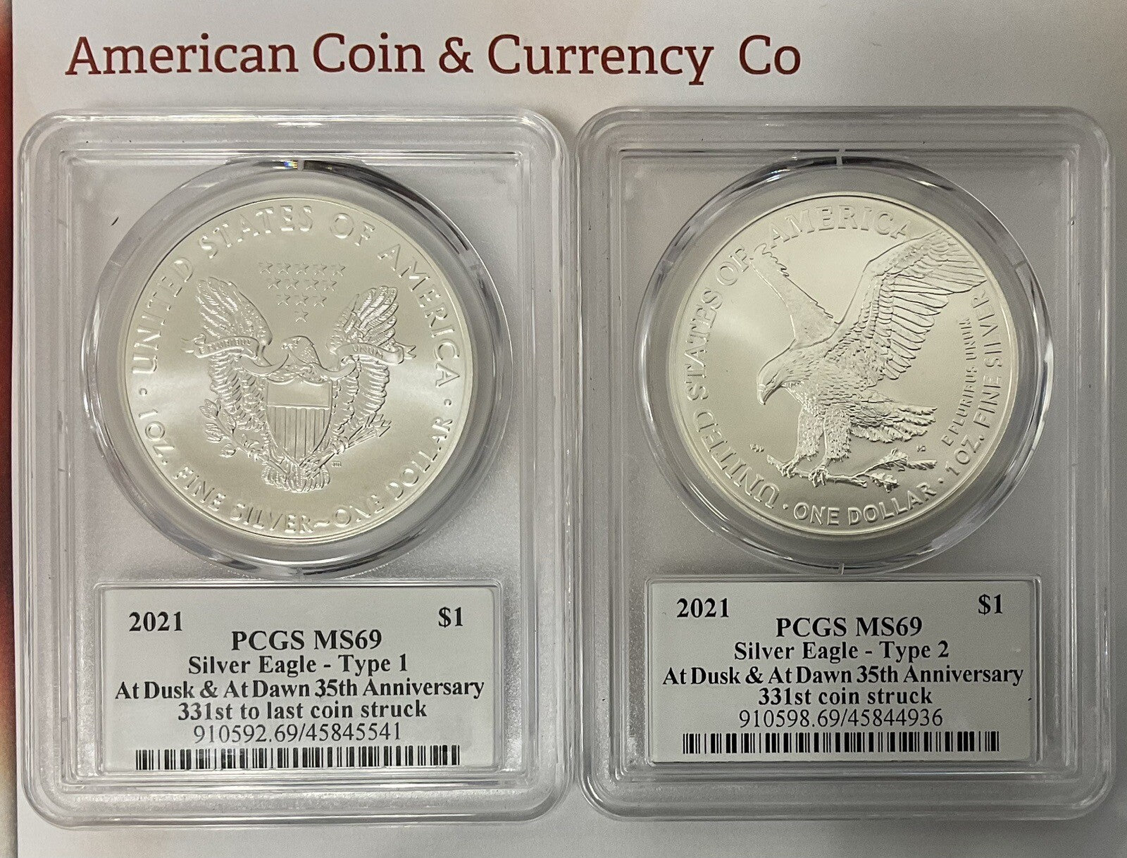 2021 American Silver Eagle "Dusk And At Dawn" 8 Coin Set With Sequential Numbers