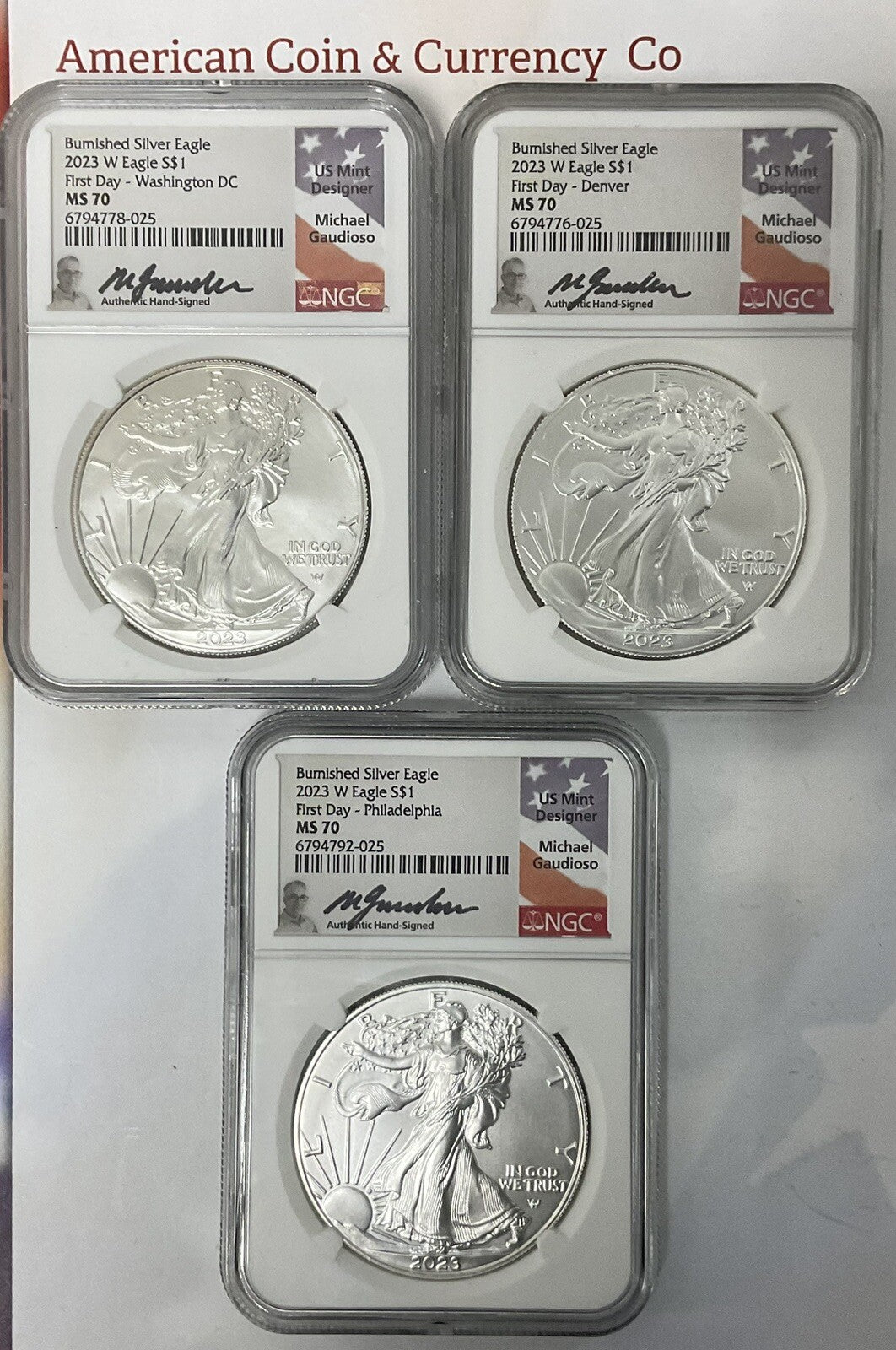 2023-W Burnished Eagle Destination Set Philly, Denver, DC NGC MS70 FDI Gaudioso