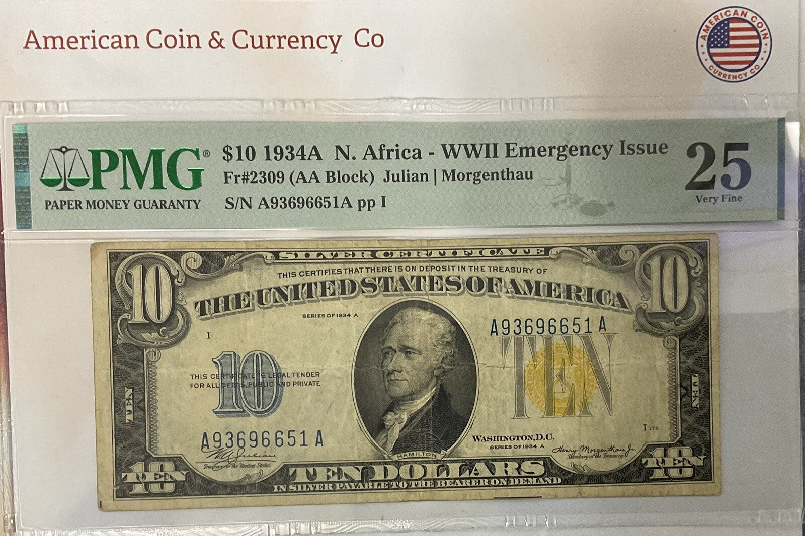 $10 1934A N. Africa - WWII Emergency Issue Fr#2309 PMG 25