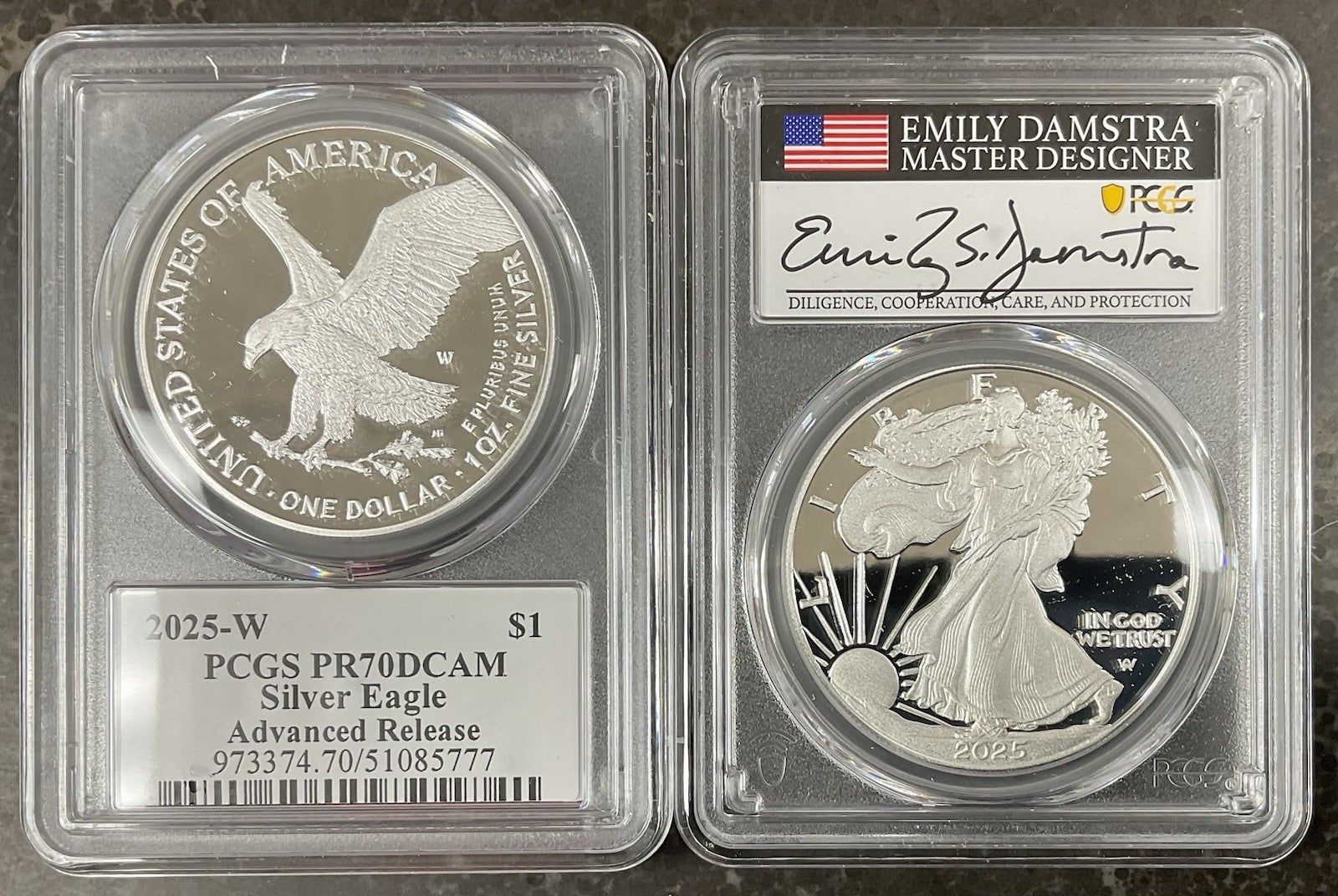 2025-W American Silver Eagle PCGS PR70 DCAM Advanced Release Damstra Signed