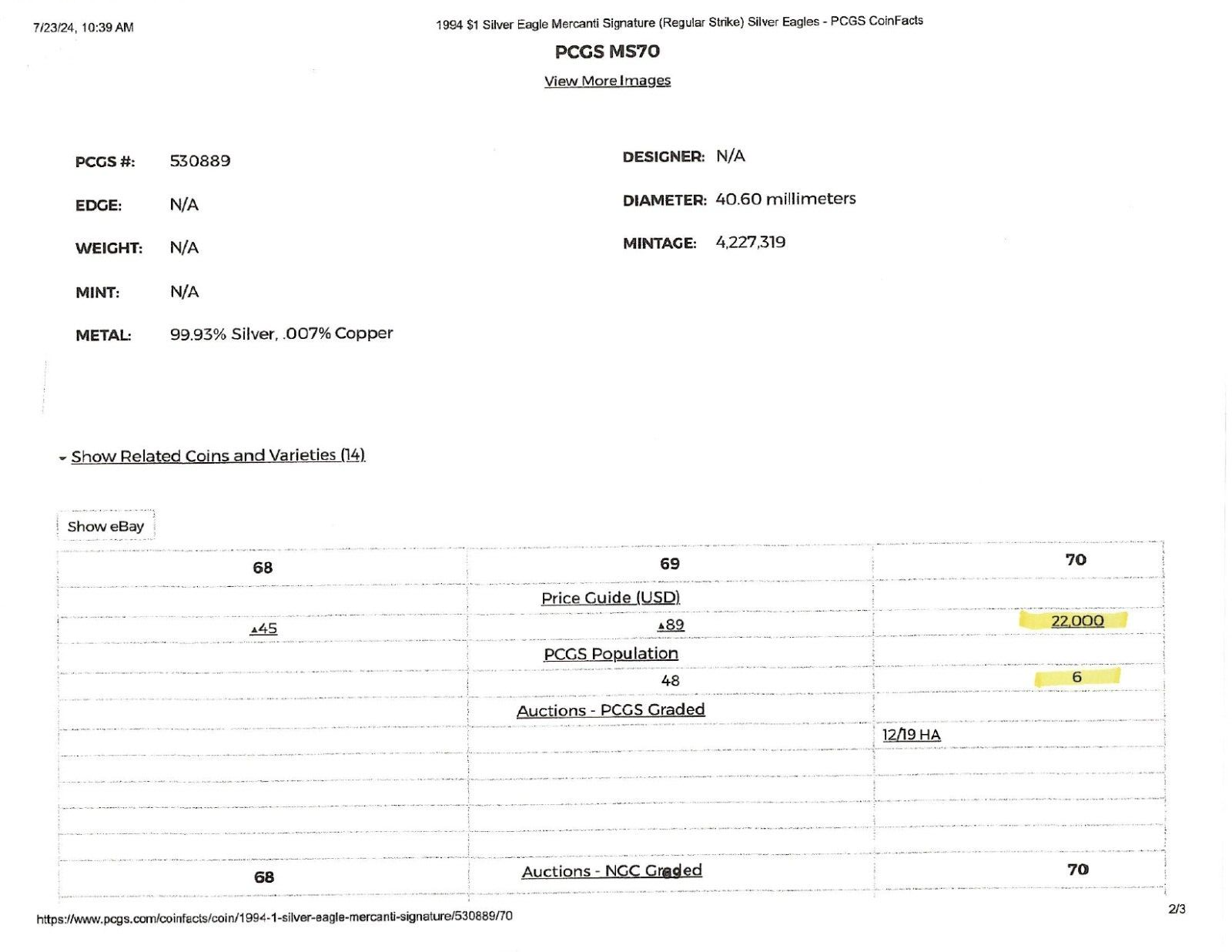1994 American Silver Eagle PCGS MS-70 Mercanti Signed