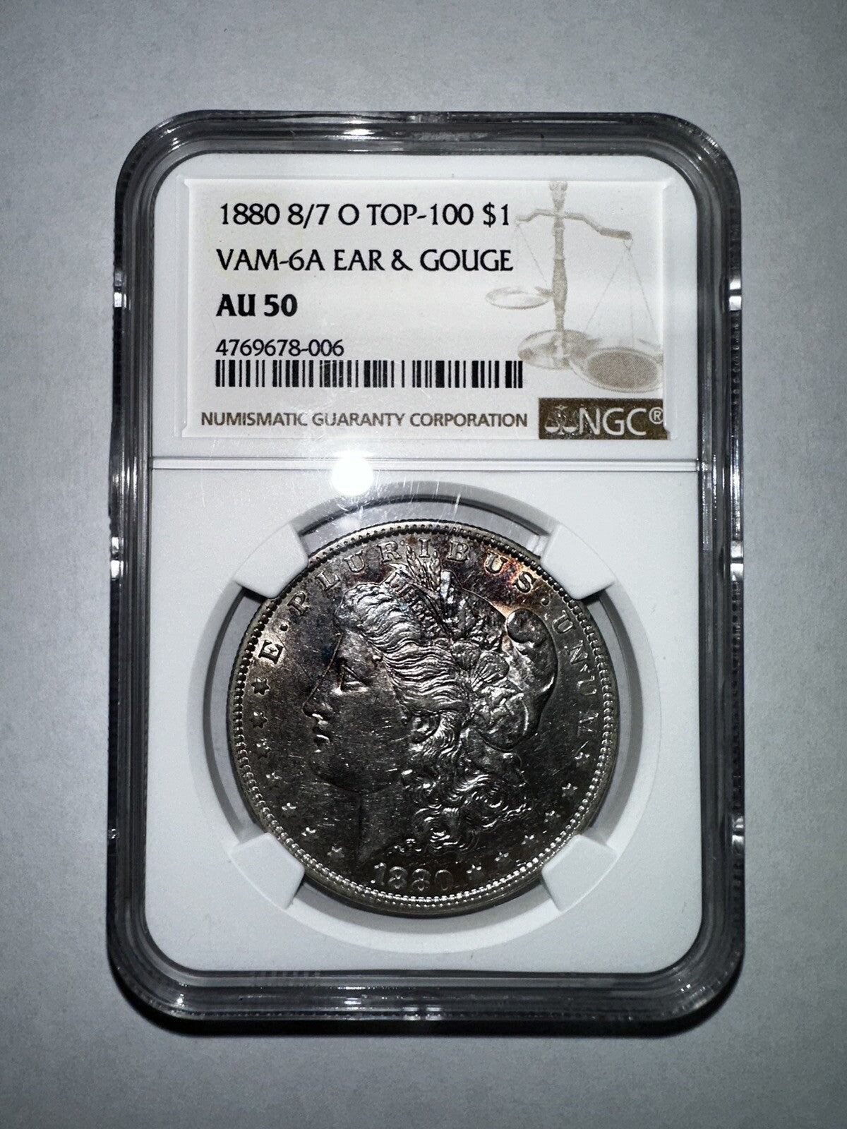 1880 8/7 O TOP-100 $1 VAM-6A Ear & Gouge AU 50