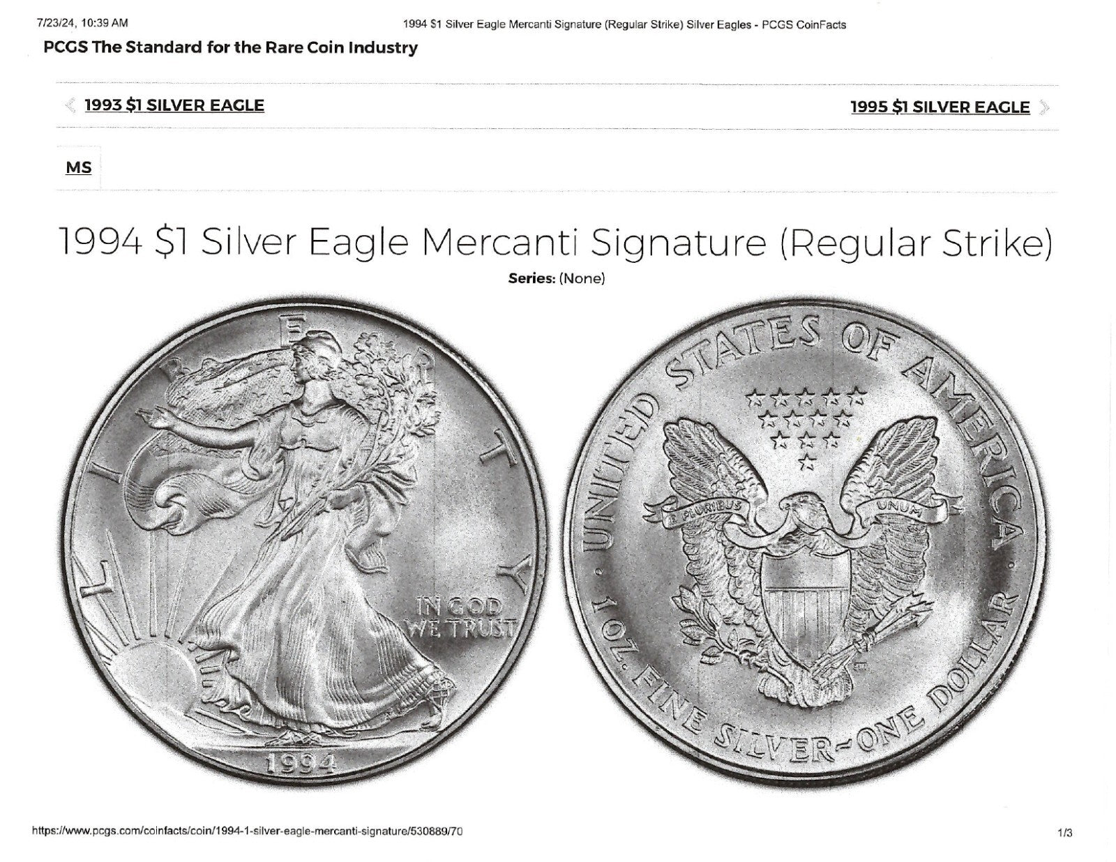 1994 American Silver Eagle PCGS MS-70 Mercanti Signed