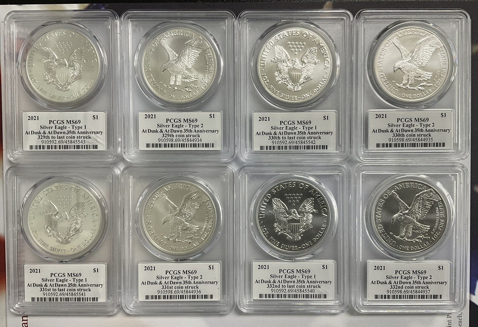 2021 American Silver Eagle "Dusk And At Dawn" 8 Coin Set With Sequential Numbers