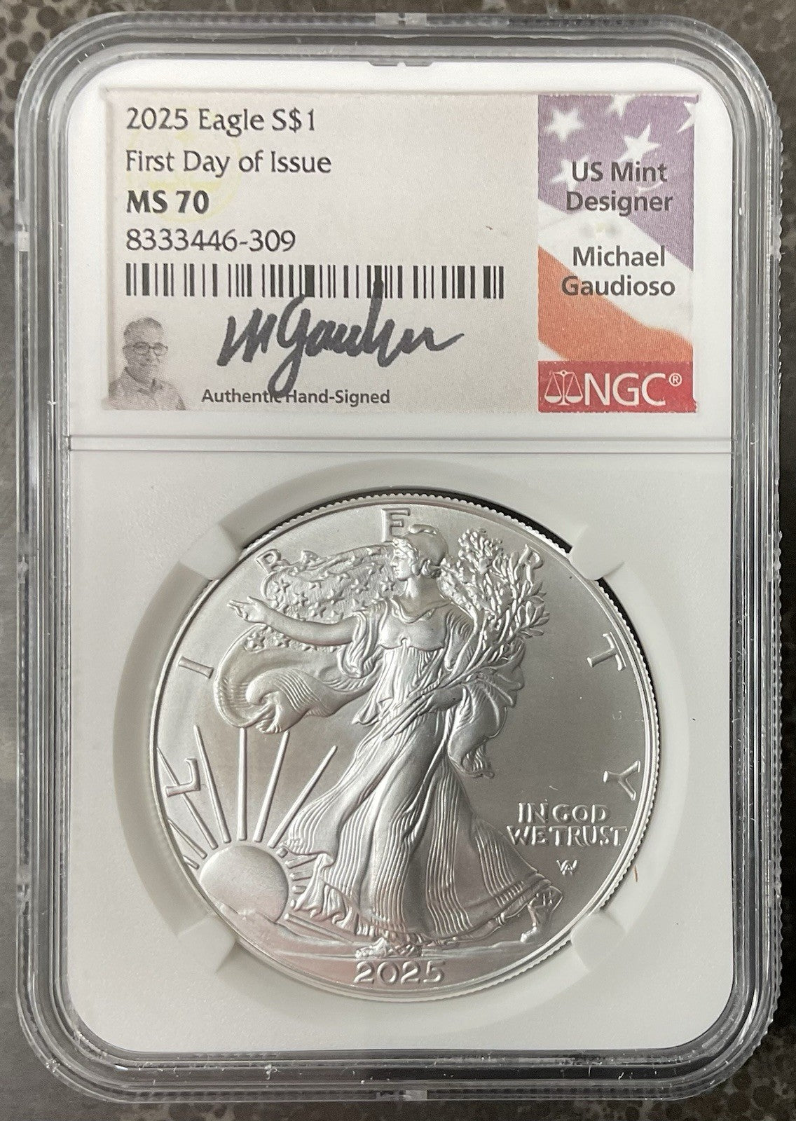 2025 American Silver Eagle NGC MS-70 FDI Gaudioso Signed