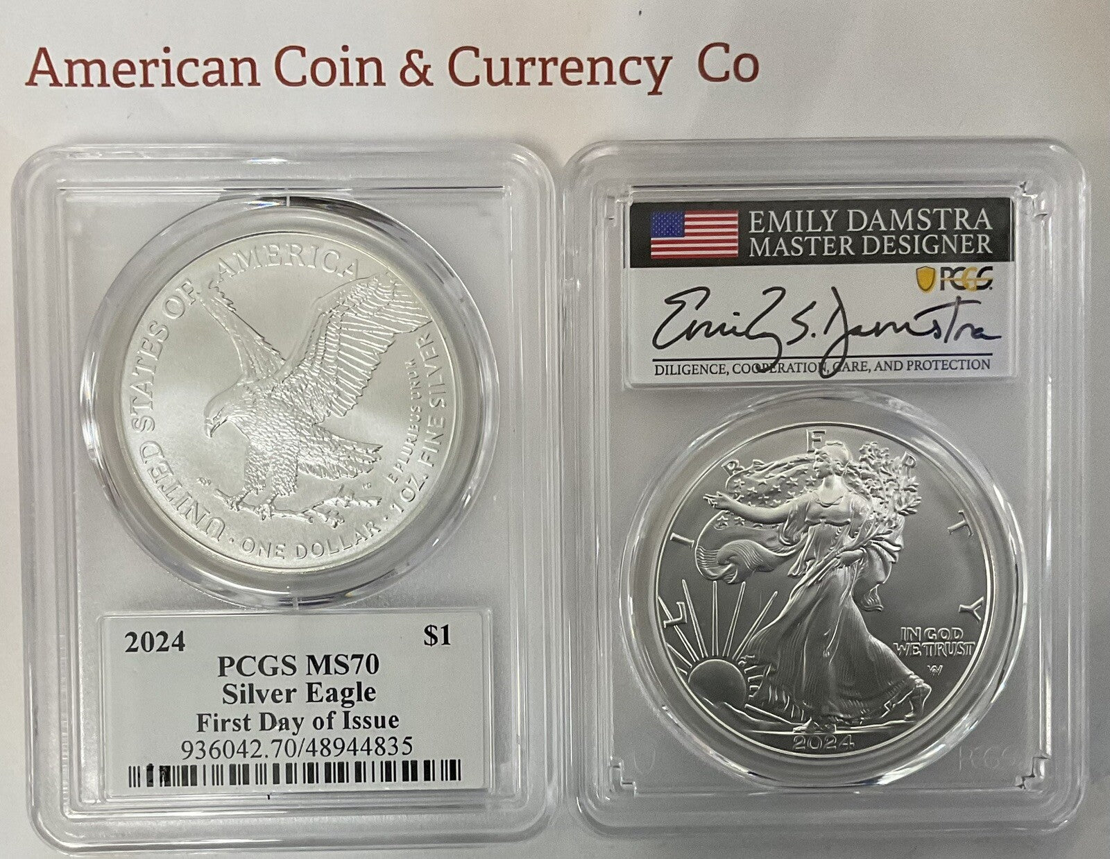 2024 American Silver Eagle PCGS MS70 FDI Damstra Signed