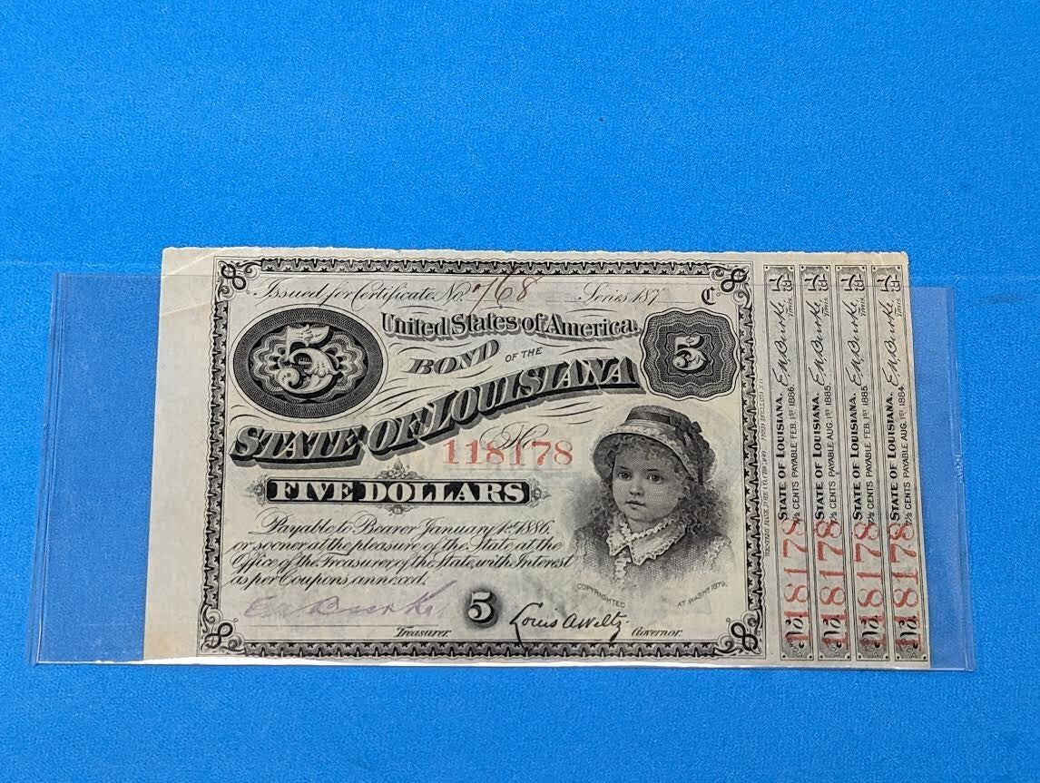 $5 Dollars USA Bond Of The State Of Louisiana 1880