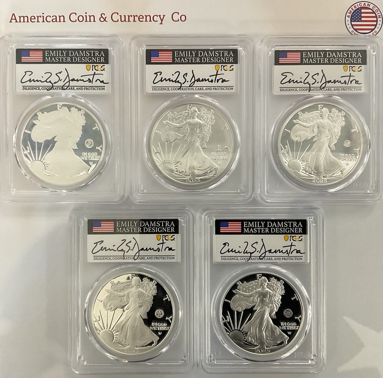 2025 American Silver Eagle Privy Set.  Eagle, Laser, Navy, Army, Marines Privy