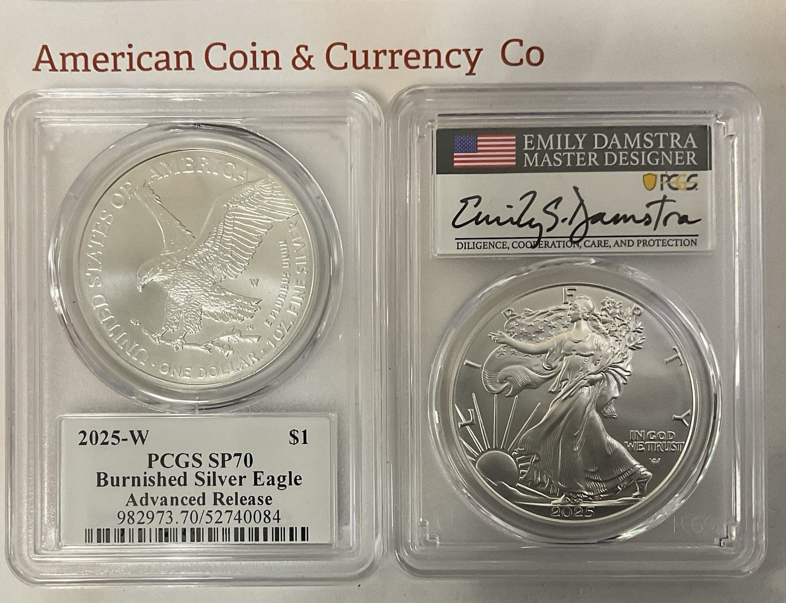 2025-W Burnished Silver Eagle PCGS SP-70 Advanced Release Damstra Signed