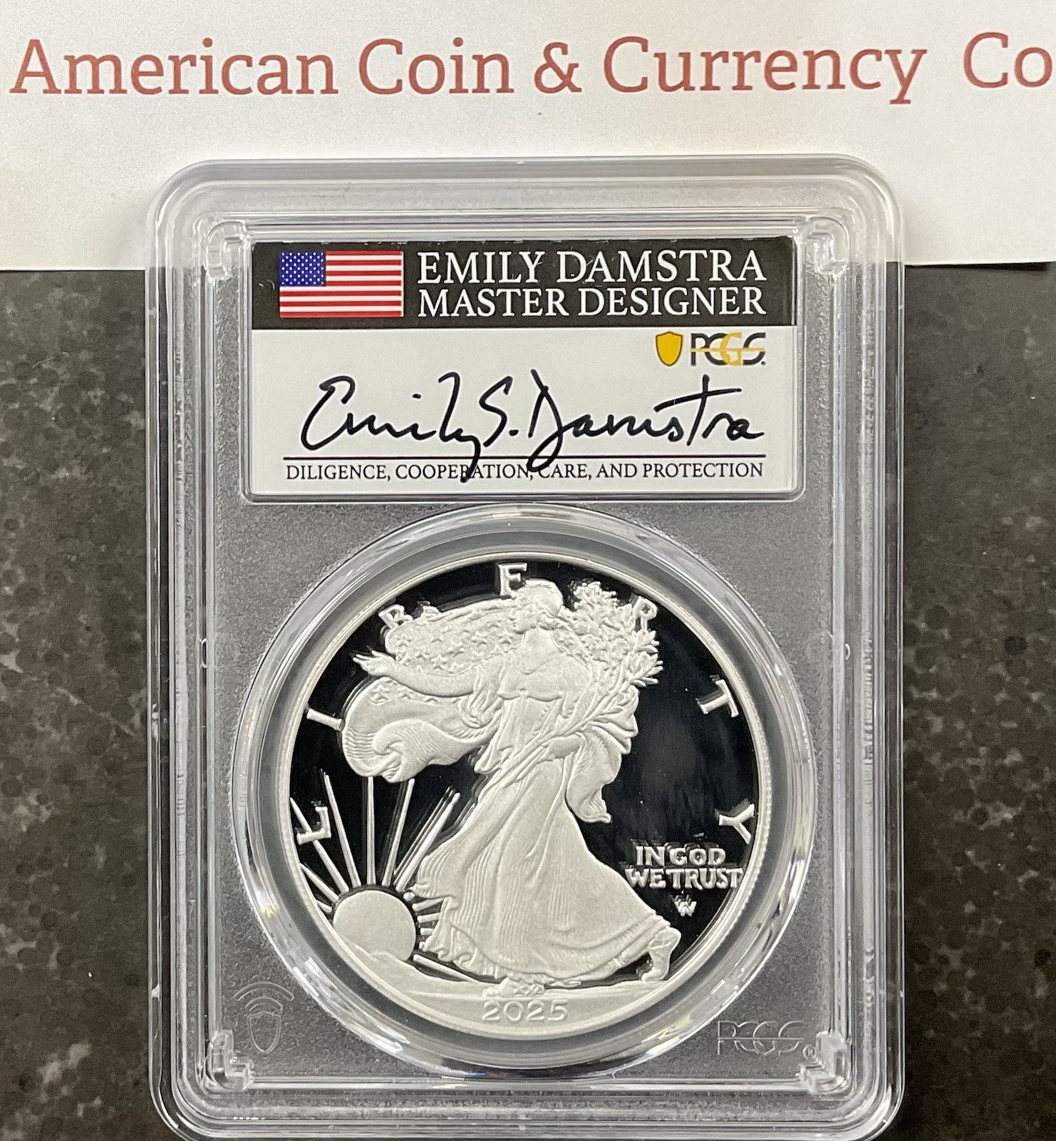 2025-S American Silver Eagle Proof PCGS PR70DCAM Advanced Release Damstra Signed