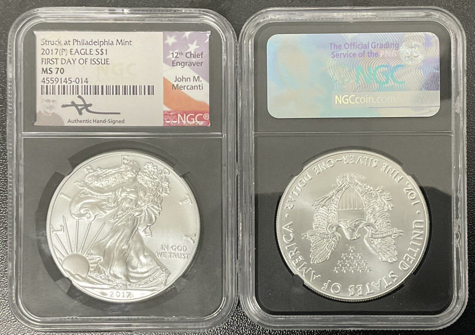2017 (P) Silver Eagle "Struck at Philly" NGC MS70 FDOI Mercanti Signed