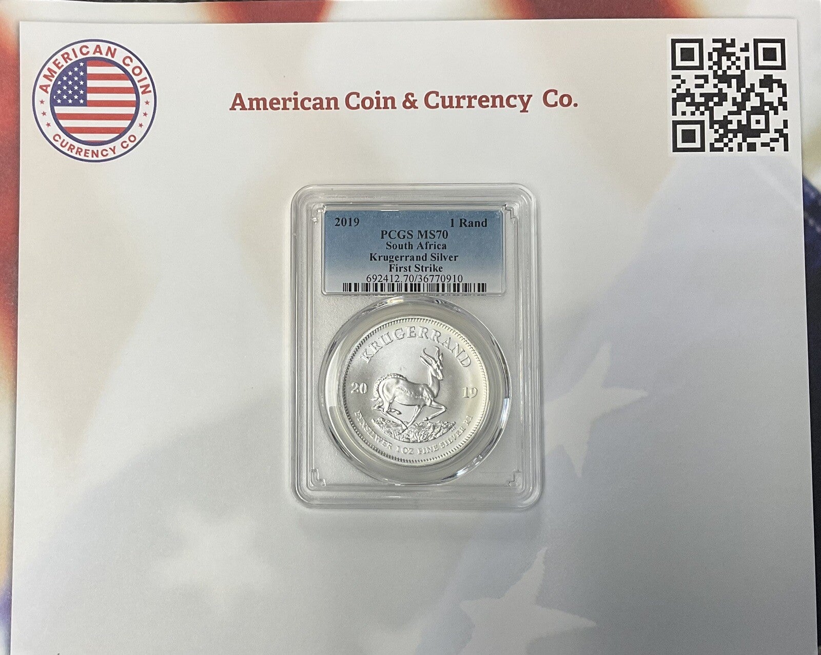 2019 PCGS MS70 South African Krugerrand Silver First Strike