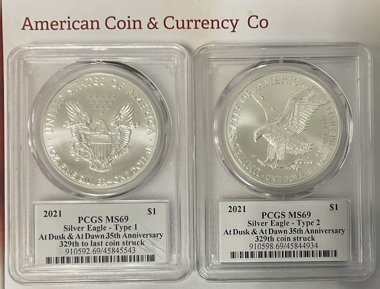 2021 American Silver Eagle "Dusk And At Dawn" 8 Coin Set With Sequential Numbers