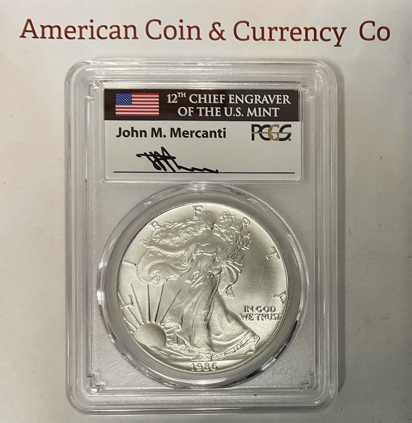 1986 American Silver Eagle PCGS MS-70 Mercanti Signed