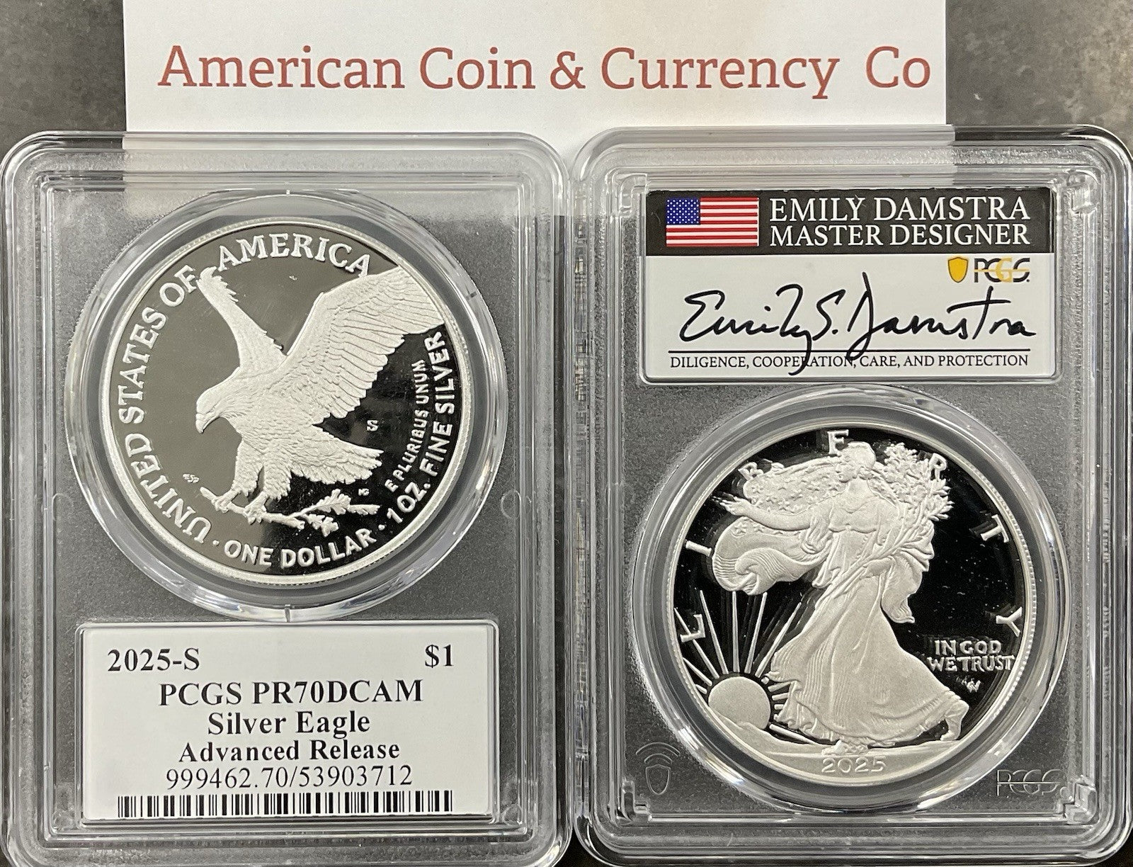 2025-S American Silver Eagle Proof PCGS PR70DCAM Advanced Release Damstra Signed
