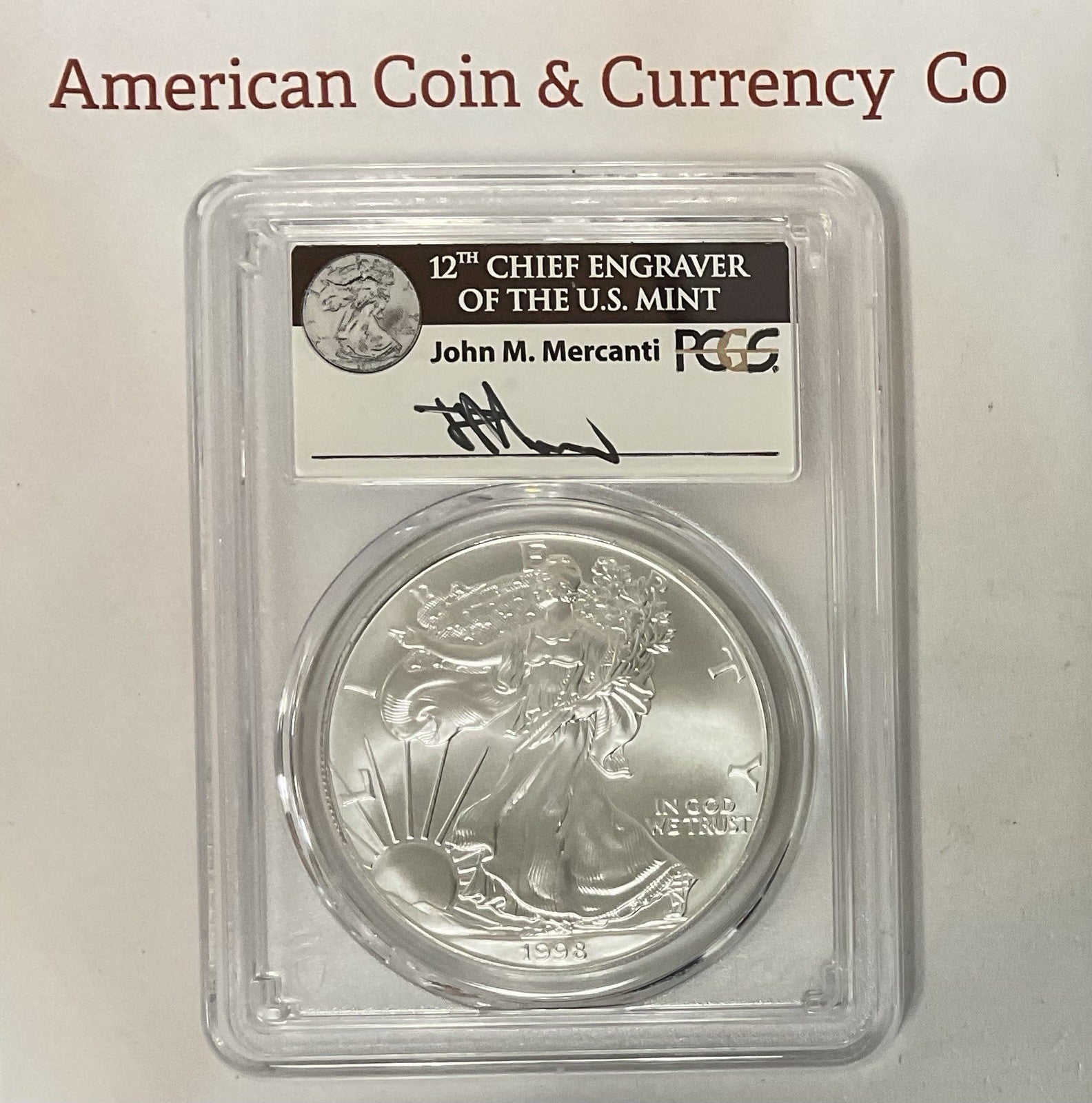1998 American Silver Eagle PCGS MS-70 John Mercanti Signed