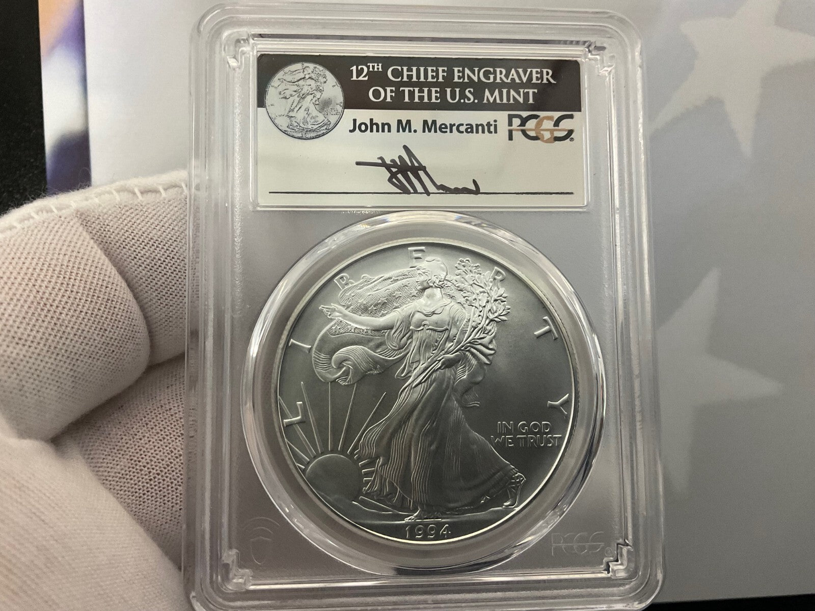 1994 American Silver Eagle PCGS MS-70 Mercanti Signed