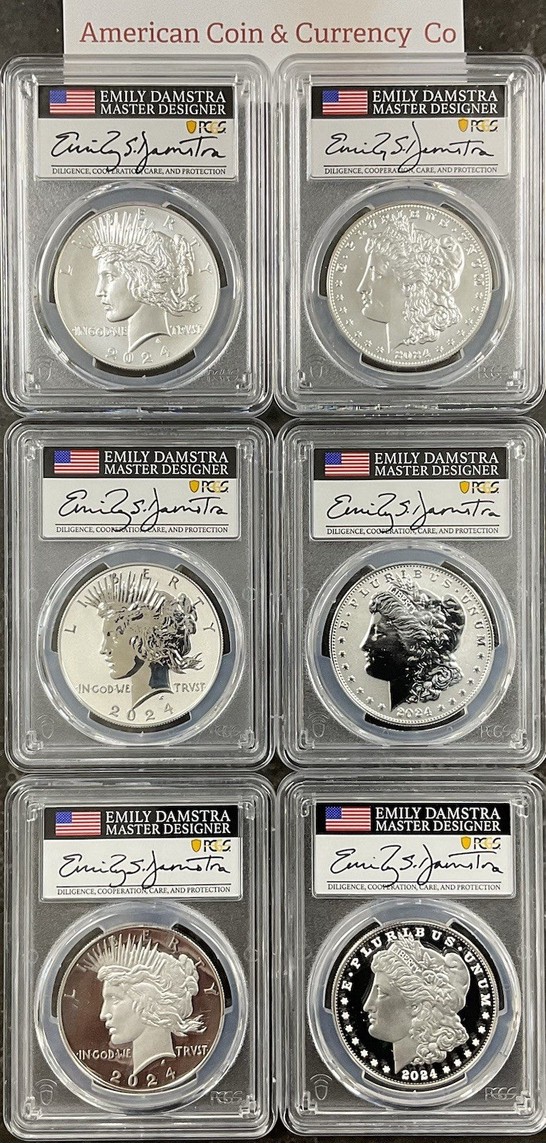 2024 Morgan & Peace Dollar 6-Coin Set PCGS PR70 Advanced Release Damstra Signed