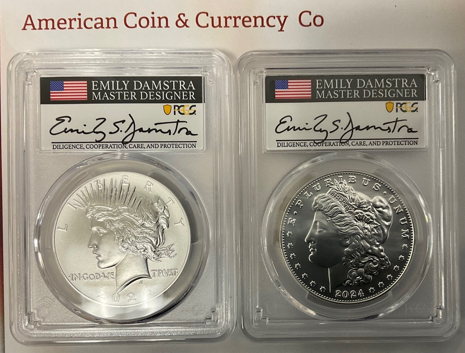 2024 Morgan & Peace Dollar Set PCGS MS-70 Advanced Release Damstra Signed