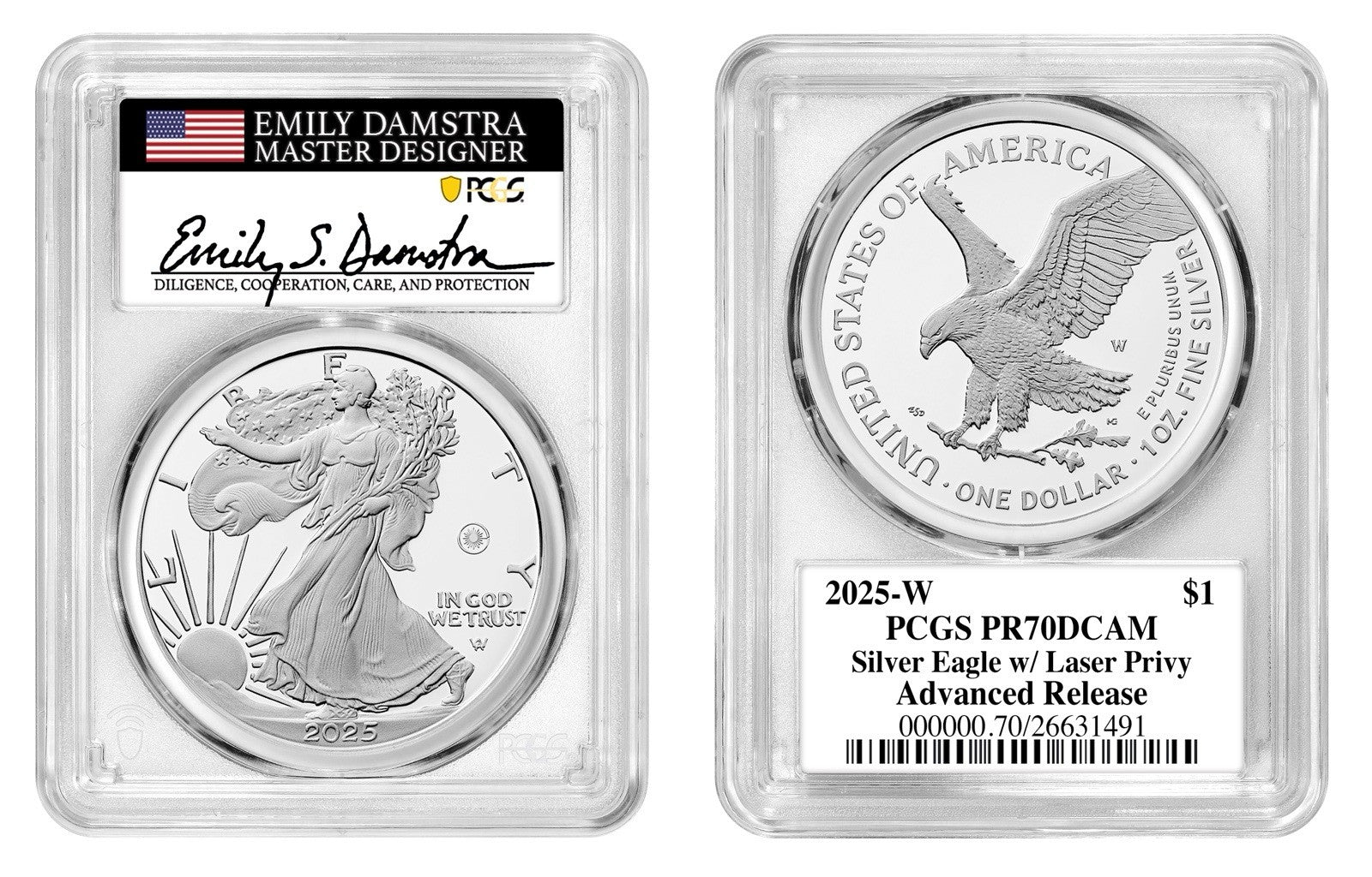 2025-W Silver Eagle W/ Laser Privy PCGS PR70DCAM Advanced Release Damstra