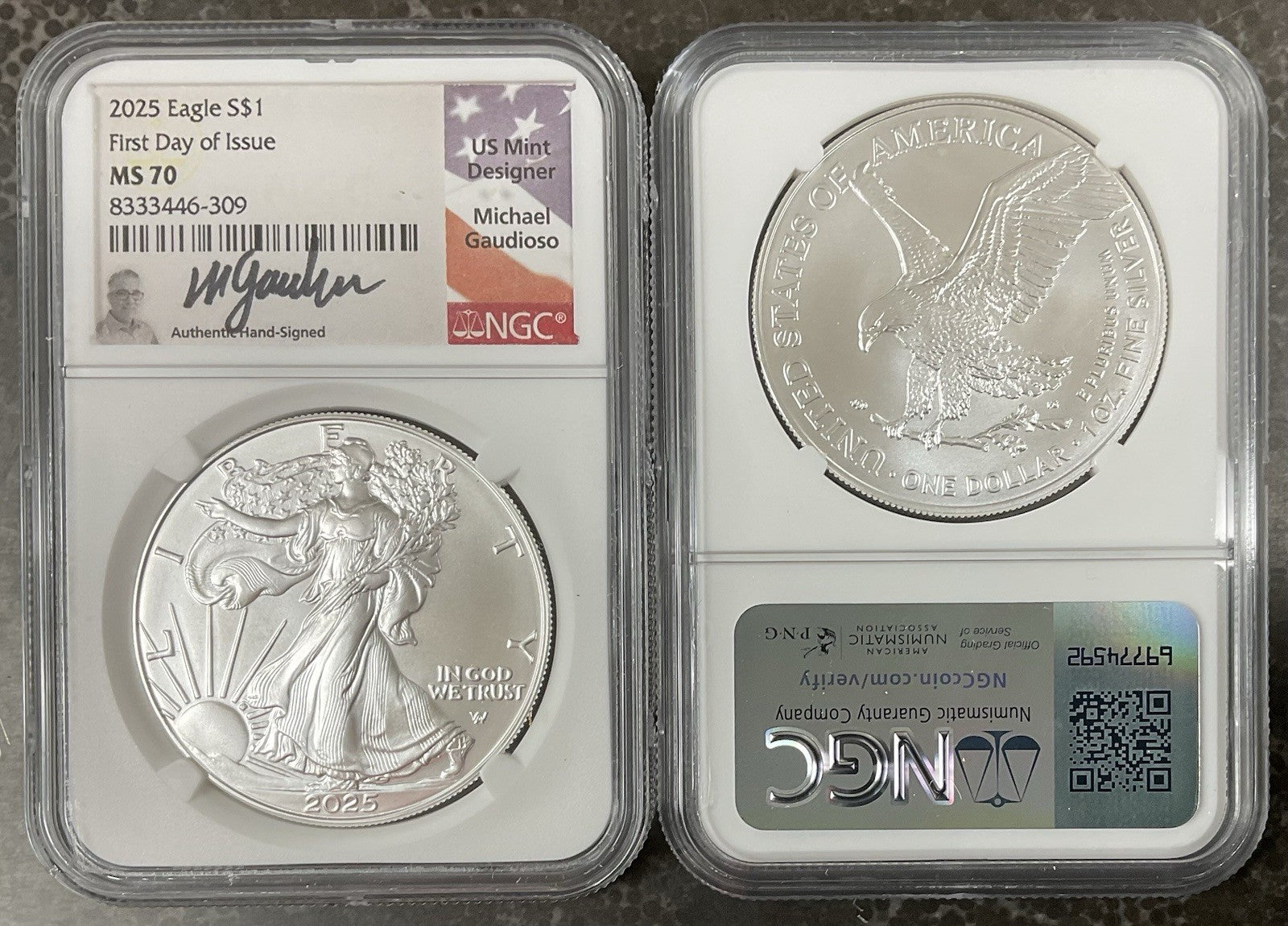 2025 American Silver Eagle NGC MS-70 FDI Gaudioso Signed