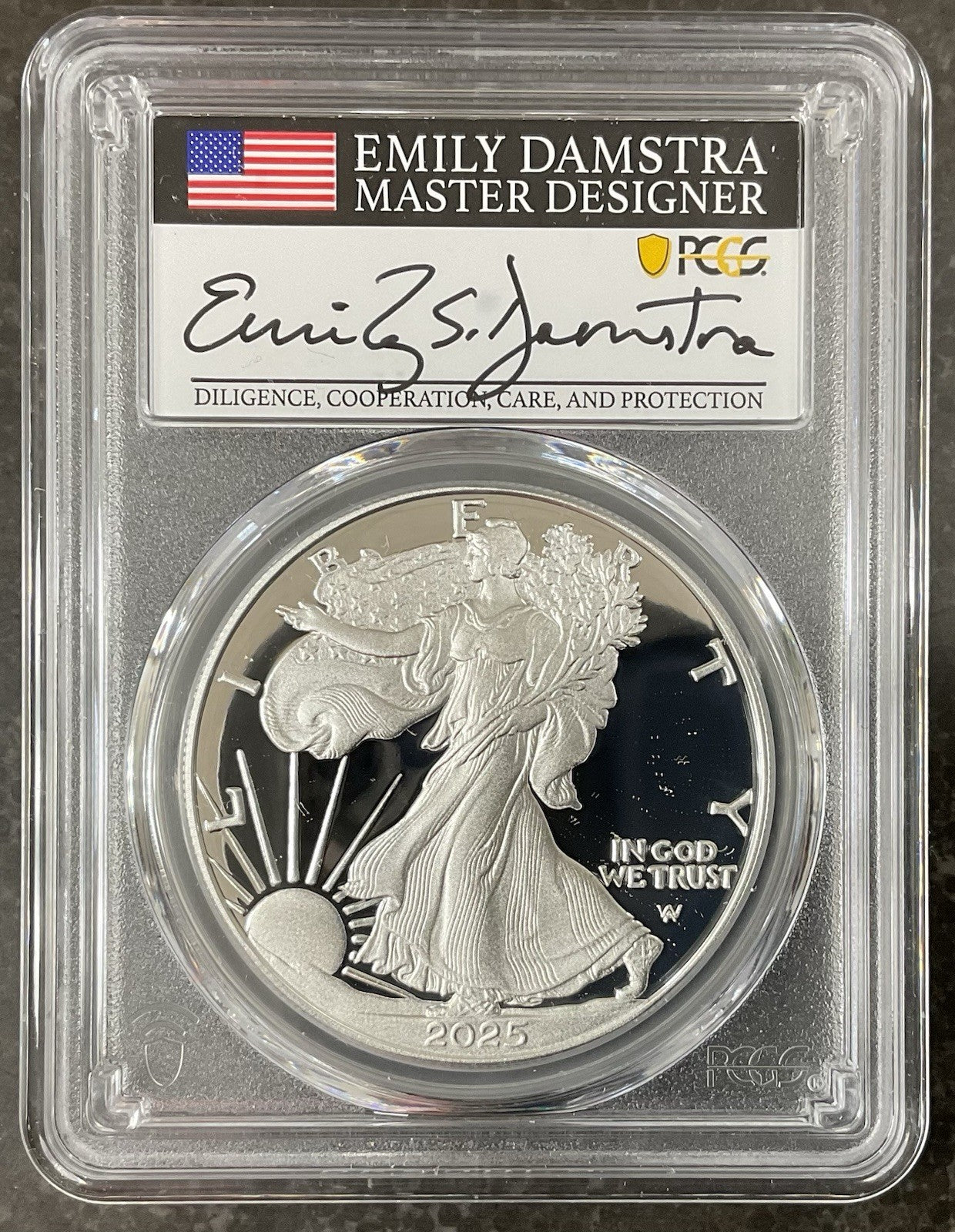 2025-W American Silver Eagle PCGS PR70 DCAM Advanced Release Damstra Signed