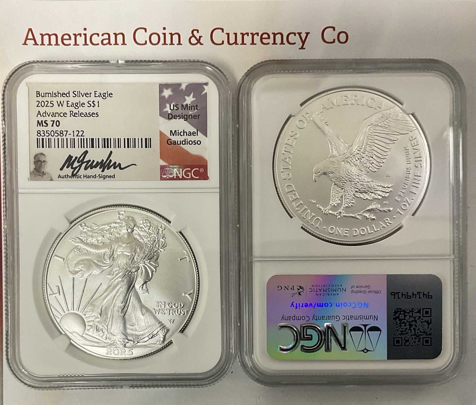 2025-W Burnished Silver Eagle NGC MS-70 Advanced Release Gaudioso Signed