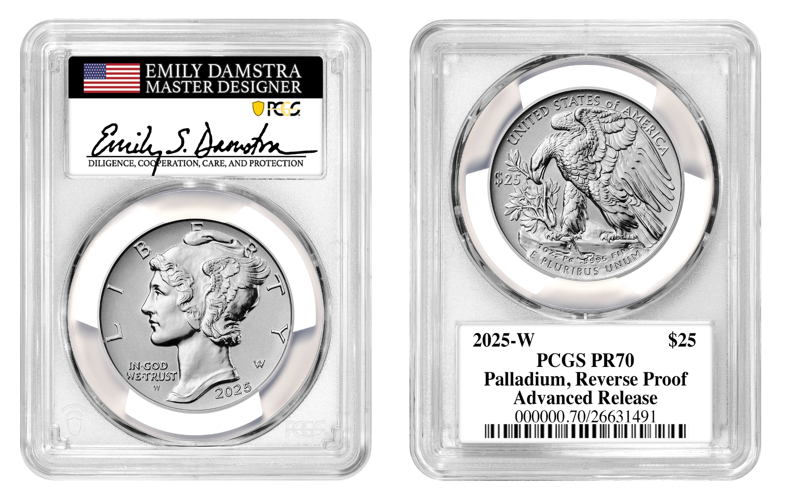 2025-W $25 Palladium Eagle PCGS PR70 Reverse Proof Advanced Release E. Damstra