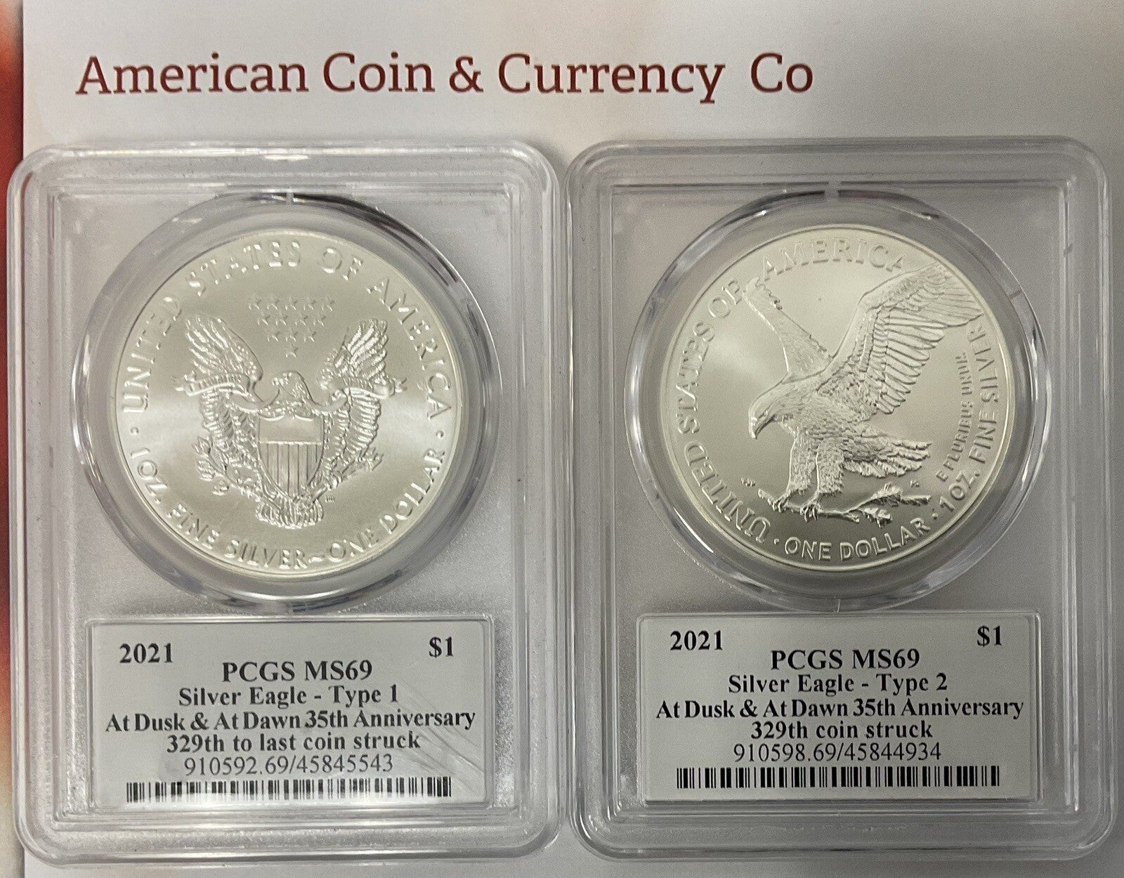 2021 American Silver Eagle "Dusk And At Dawn" 8 Coin Set With Sequential Numbers