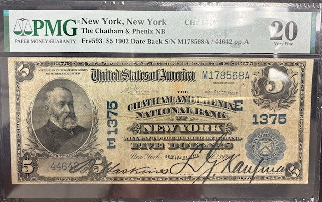 1902 $5 Note Fr# 593 PMG The Chatham & Phoenix NB