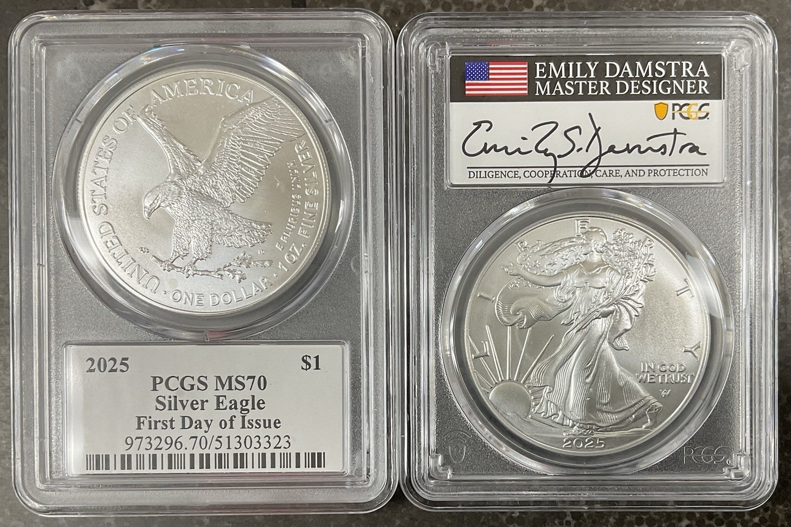 2025 American Silver Eagle PCGS MS-70 FDI Damstra Signed