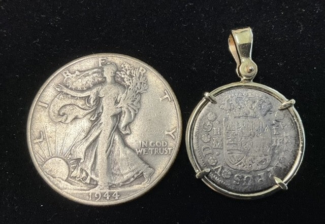 Authentic 1739 Spanish Silver 1 Reale Pendant with 14K Bail & Bezel