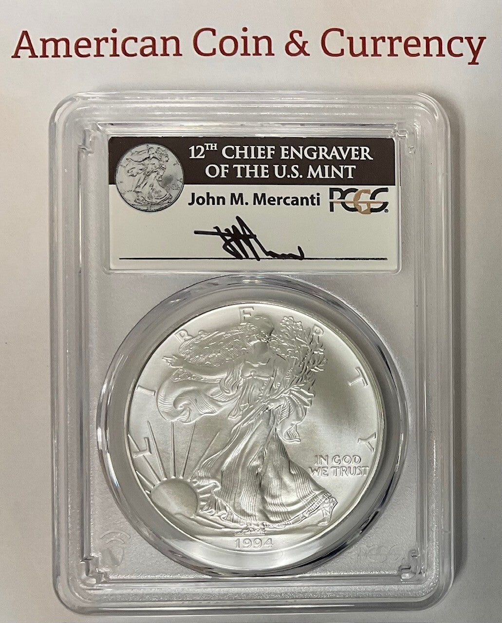 1994 American Silver Eagle PCGS MS-70 Mercanti Signed