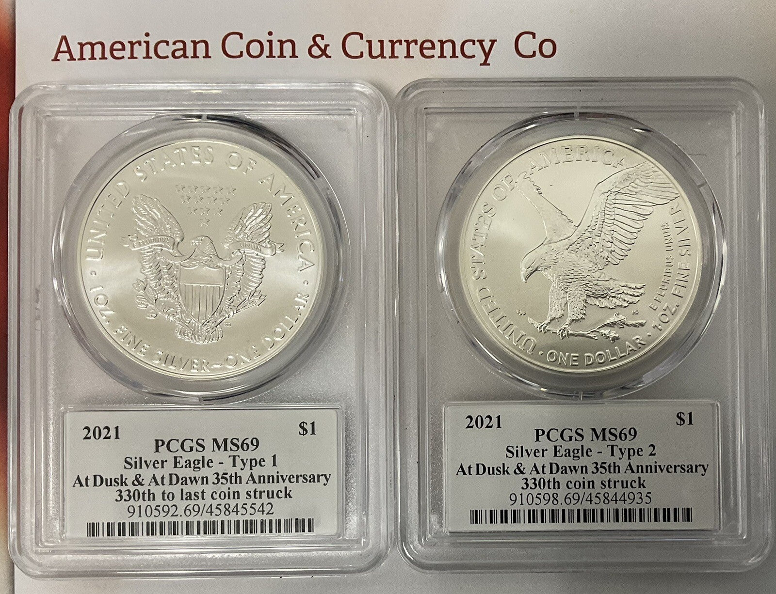 2021 American Silver Eagle "Dusk And At Dawn" 8 Coin Set With Sequential Numbers