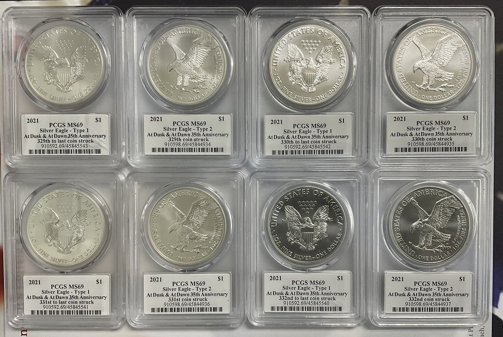 2021 American Silver Eagle "Dusk And At Dawn" 8 Coin Set With Sequential Numbers