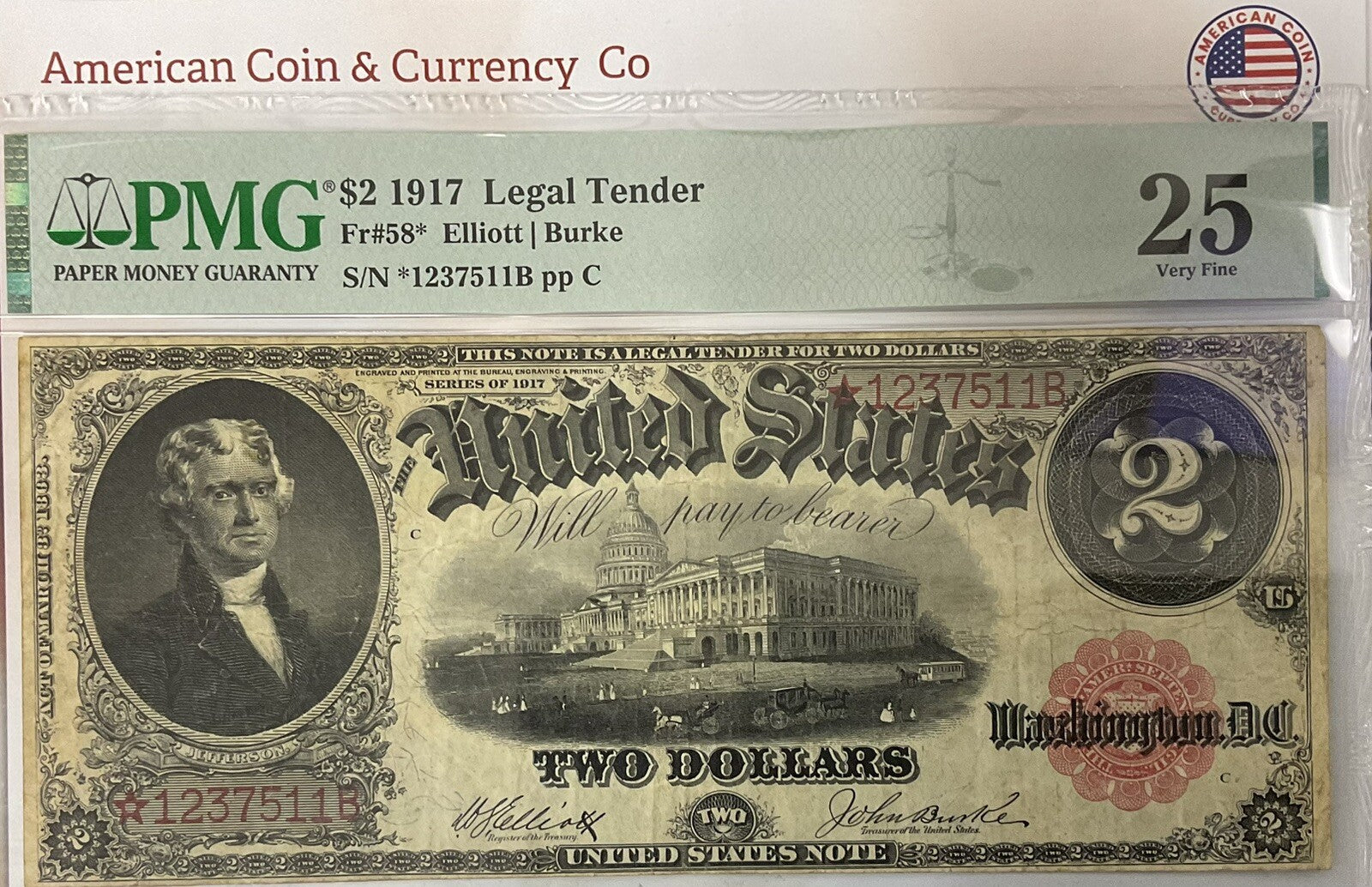$2 1917 Star Note Fr# 58* Elliott/Burke PMG 25