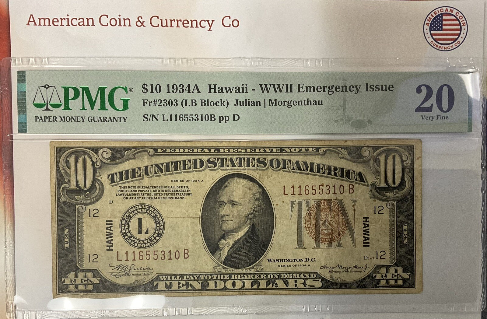 $10 1934A Hawaii - WWII Emergency Issue Fr#2303 PMG 20