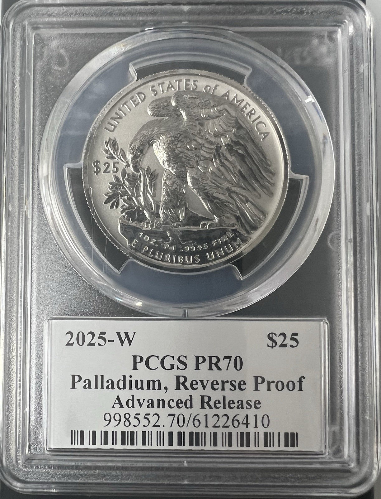 2025-W $25 Palladium Eagle PCGS PR70 Reverse Proof Advanced Release E. Damstra