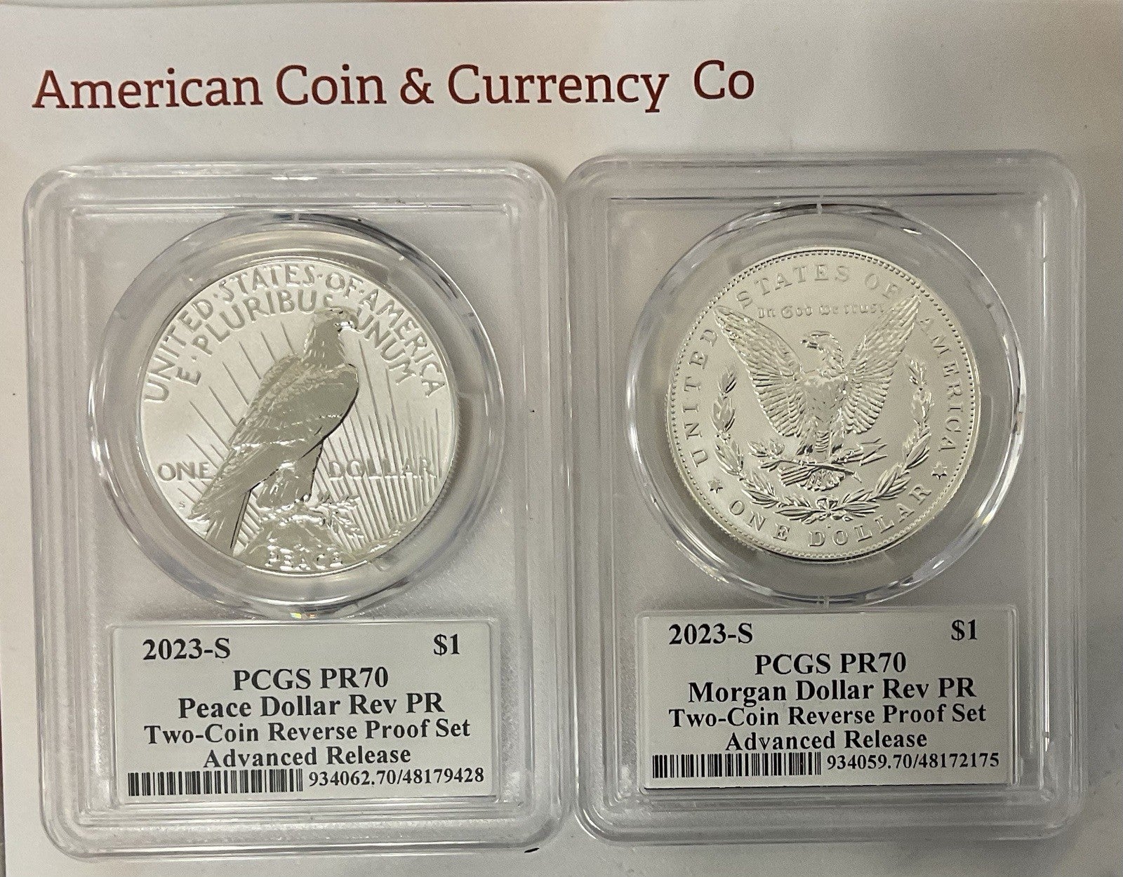 2023-S Reverse Proof Morgan & Peace Dollar Set PCGS PR70 Advanced Release