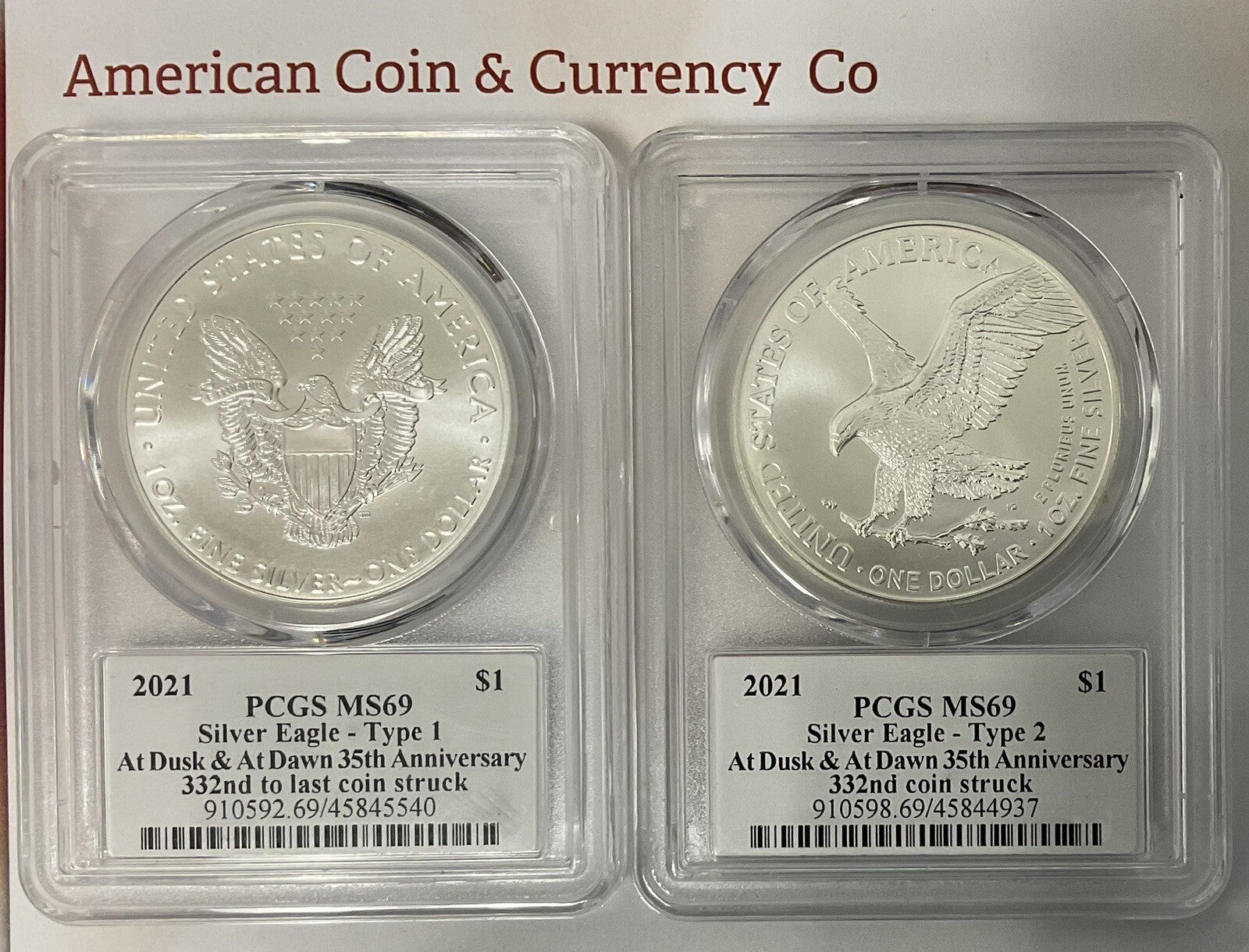 2021 American Silver Eagle "Dusk And At Dawn" 8 Coin Set With Sequential Numbers