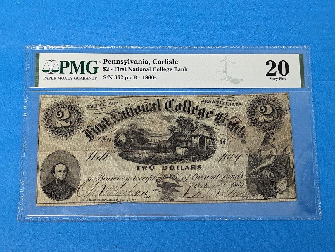 1860's Pennslyvania, Carlisle $2 - First National College Bank 20 Very Fine