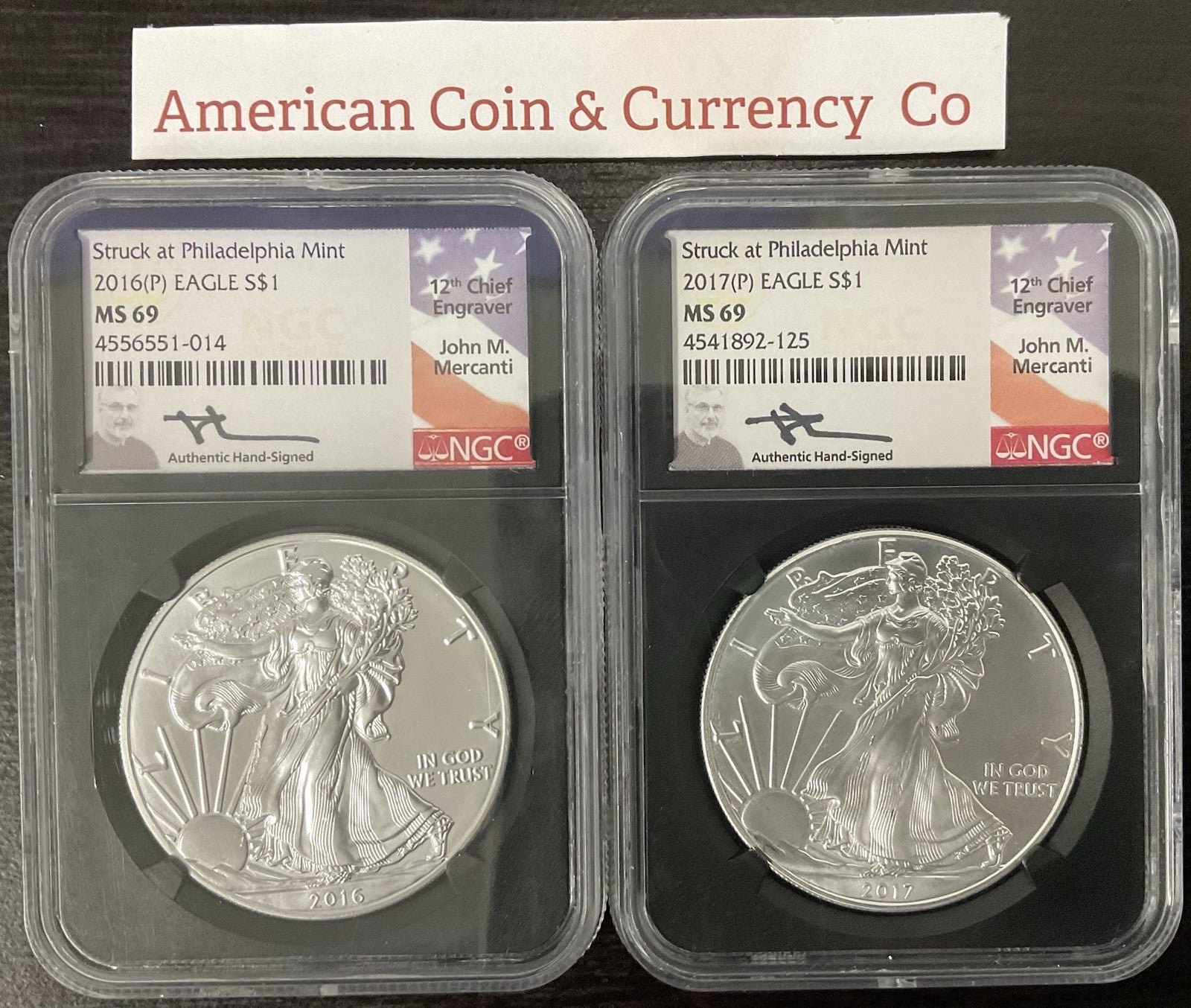 2016(P) & 2017(P) American Silver Eagle “Struck In Philly" NGC MS-69 Mercanti 