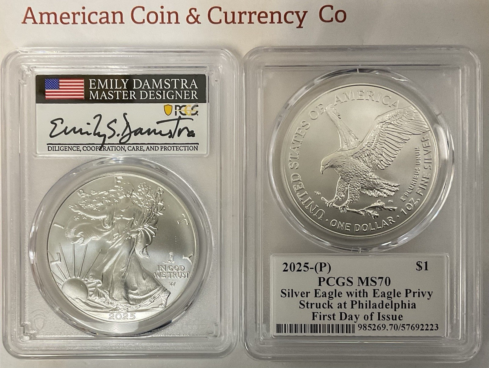 2025(P) Silver Eagle W/ Eagle Privy PCGS MS-70 FDI Damstra Signed