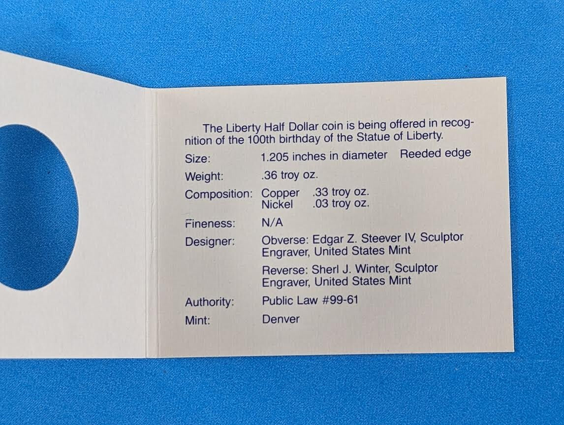 1986 US Statue of Liberty Uncirculated Half Dollar Commemorative Coin