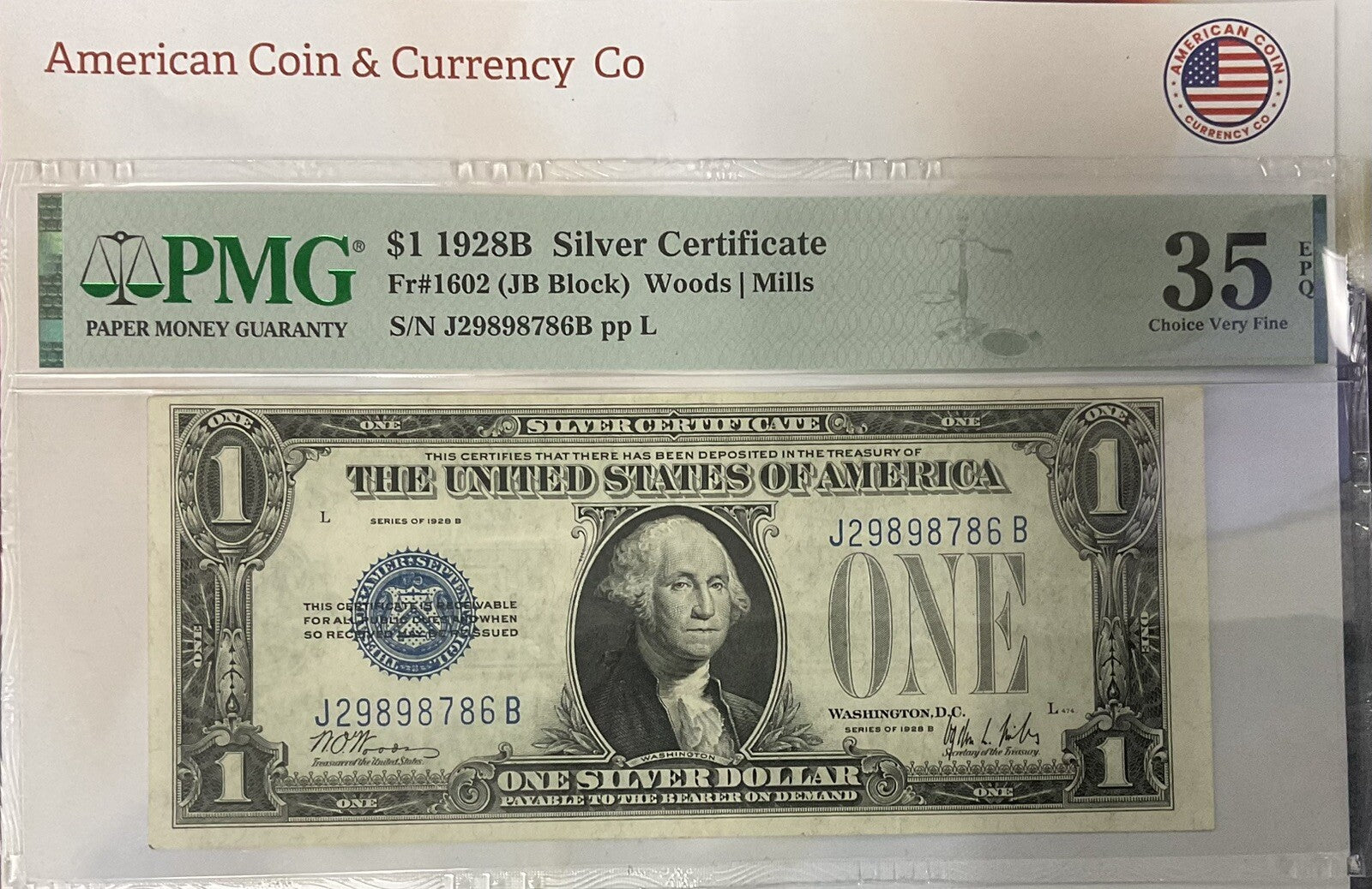 $1 1928B Silver Certificate Fr#1602 PMG 35